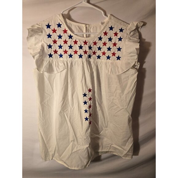 New Womens Large White Ruffle Frilly Top Shirt Blouse L Stars Pattern Red Blue - Picture 1 of 3